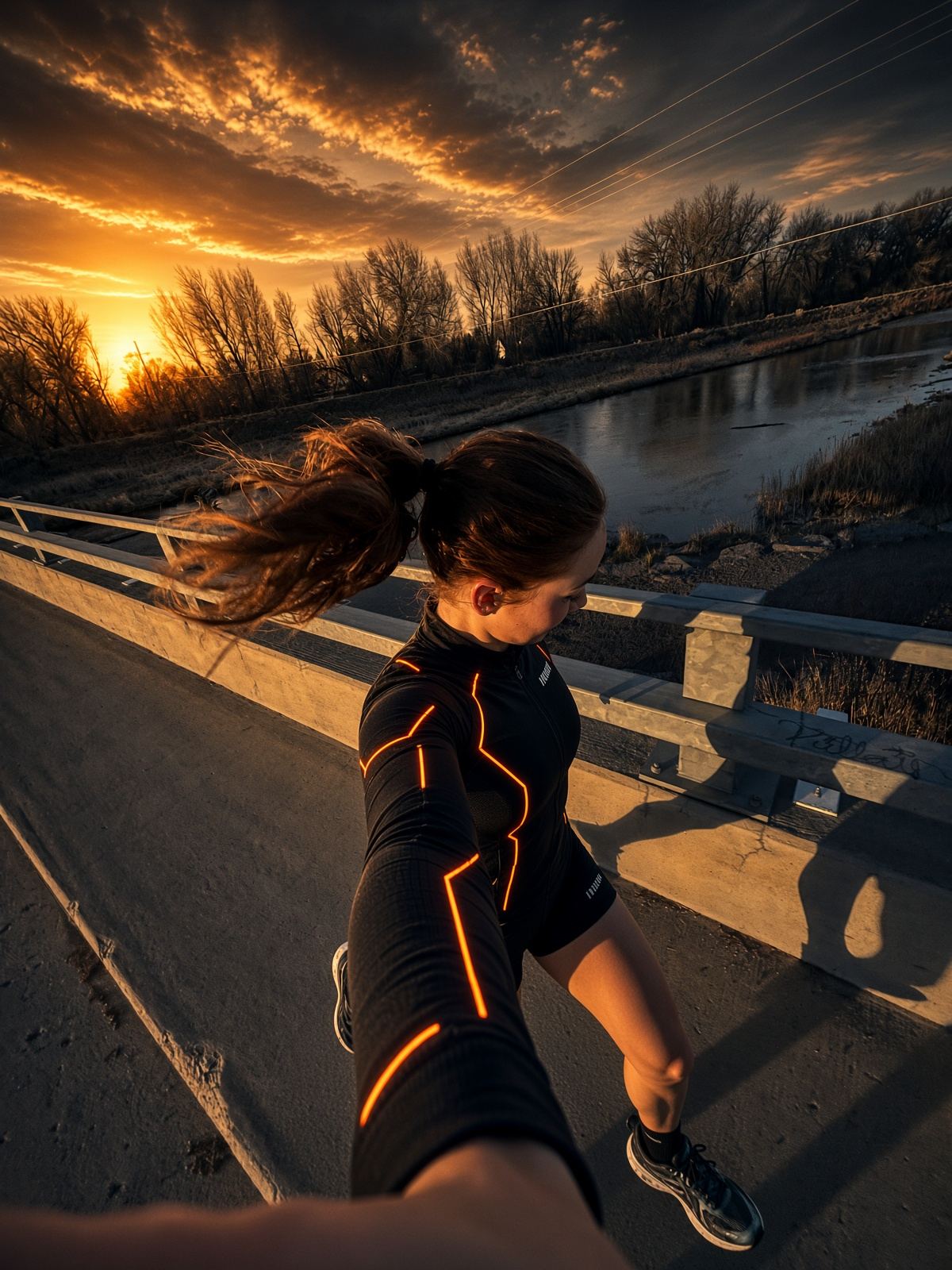 A runner in black and orange gear on a bridge at sunset